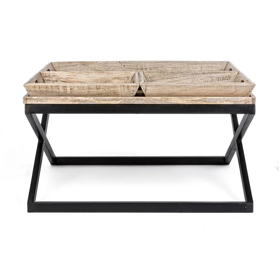 Mesa de centro en acero con bandeja en diseño de madera de mango - Cesira Viadurini