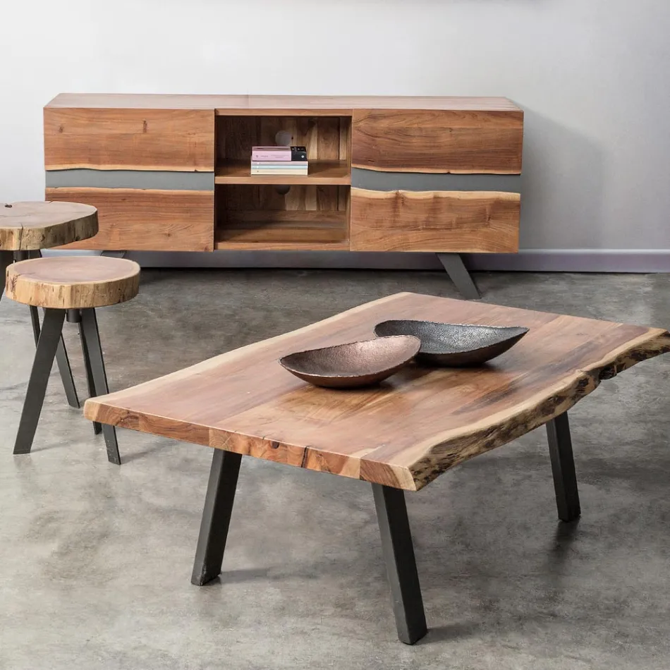 Mesa de centro hecha a mano en madera y acero Homemotion - Tancredi Viadurini