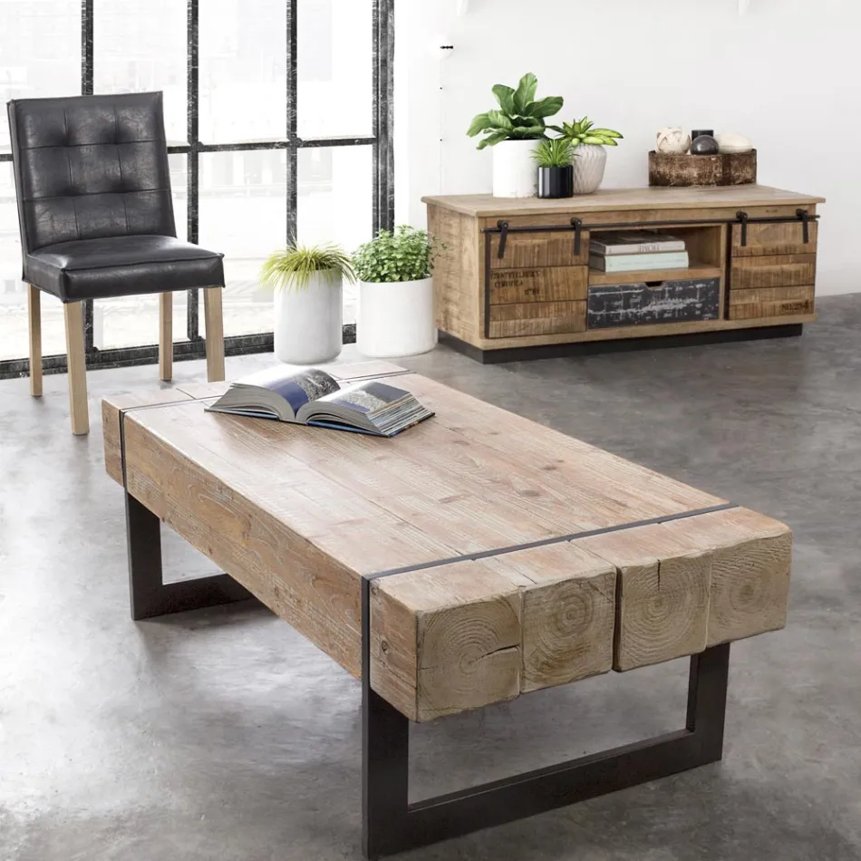 Mesa de centro para salón en madera de abeto y acero - Ilenia Viadurini