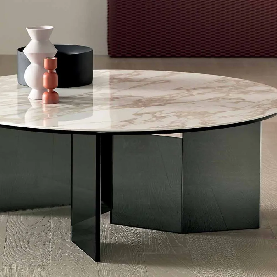 Mesa de centro redonda con tapa de cerámica y patas de vidrio ahumado - Aleatorio Viadurini