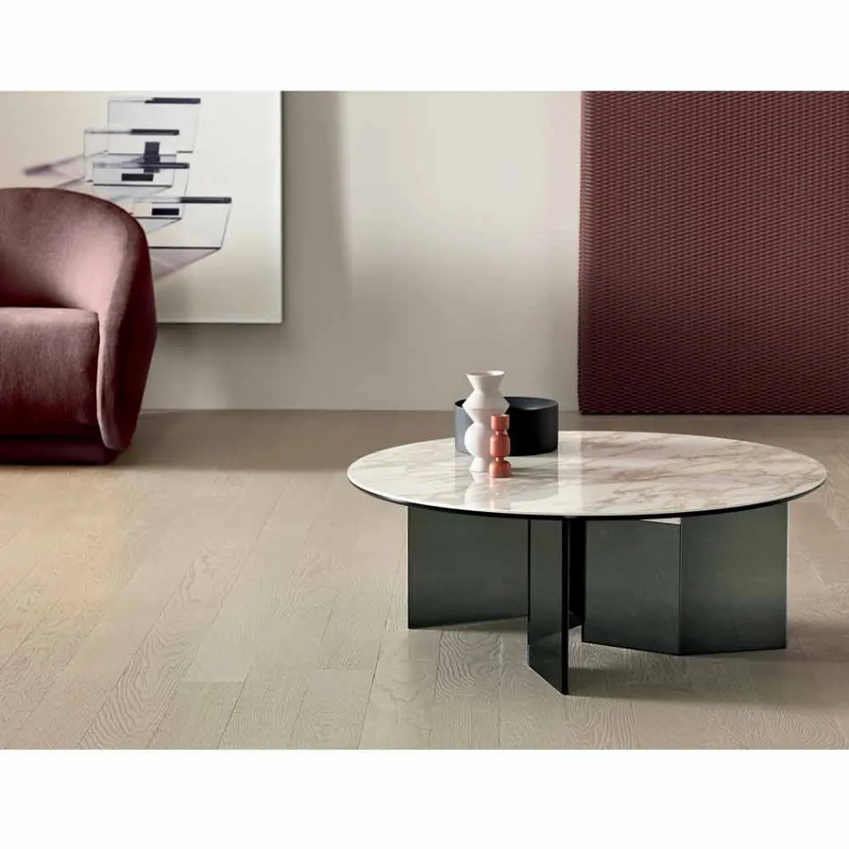 Mesa de centro redonda con tapa de cerámica y patas de vidrio ahumado - Aleatorio Viadurini
