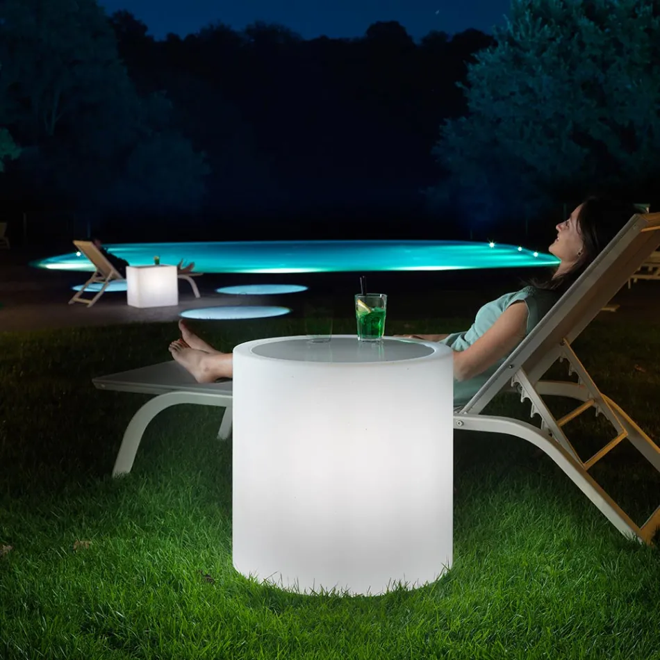 Derti - Mesa de jardín iluminada en polietileno perlado, fabricada en Italia. Viadurini