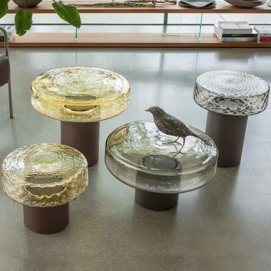 Mesa de centro con tapa de cristal y base de metal Made in Italy - Batulla Viadurini