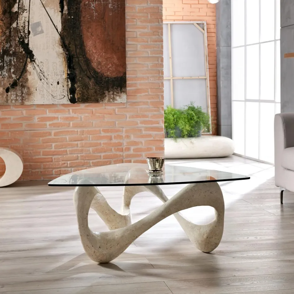 Mesa de centro con tapa de cristal y base de piedra fósil - California Viadurini