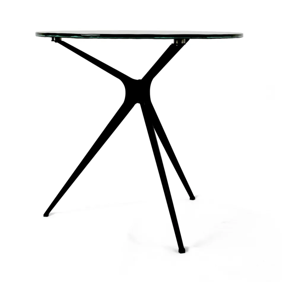 Mesa de centro con tapa redonda de cristal y 3 patas Made in Italy - Siste Viadurini