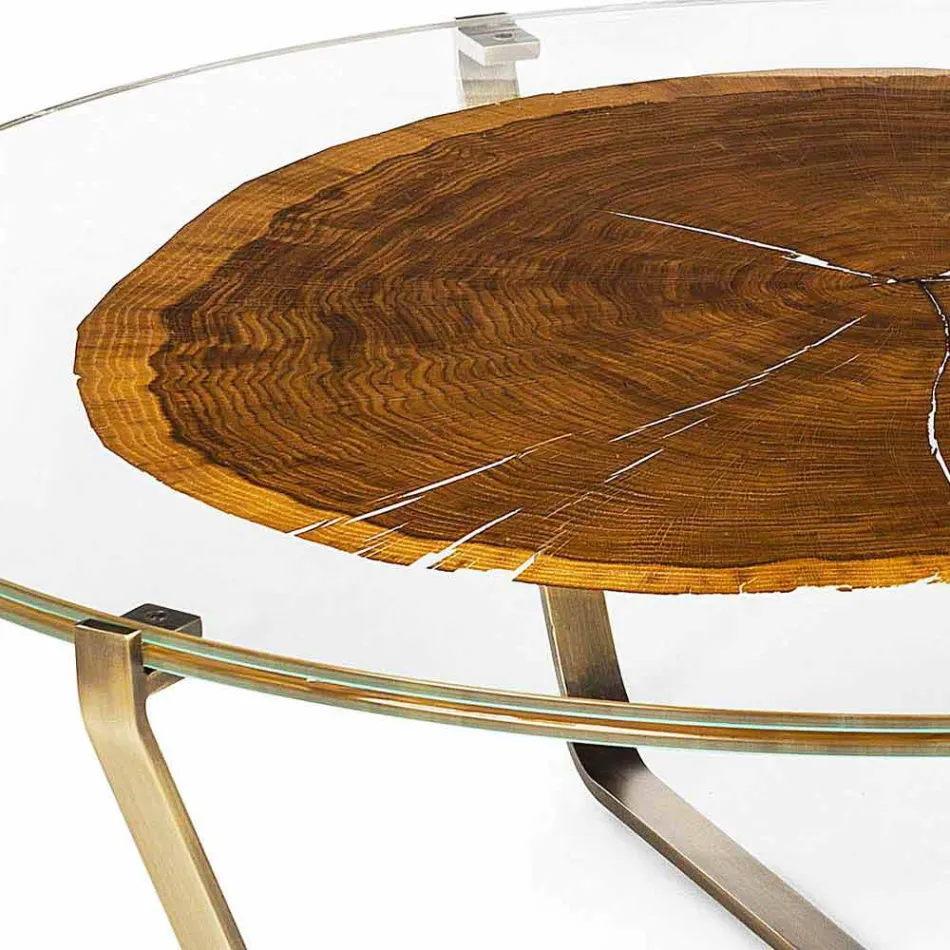 Mesa de centro con tapa redonda de vidrio y madera Made in Italy - Baviera Viadurini