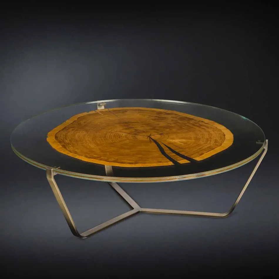 Mesa de centro con tapa redonda de vidrio y madera Made in Italy - Baviera Viadurini