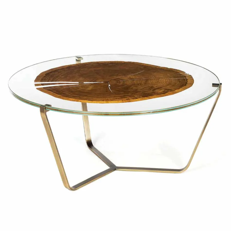 Mesa de centro con tapa redonda de vidrio y madera Made in Italy - Baviera Viadurini