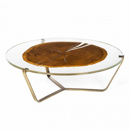 Mesa de centro con tapa redonda de vidrio y madera Made in Italy - Baviera Viadurini