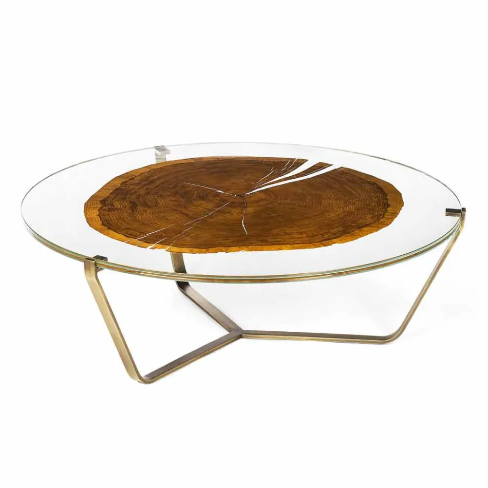 Mesa de centro con tapa redonda de vidrio y madera Made in Italy - Baviera Viadurini