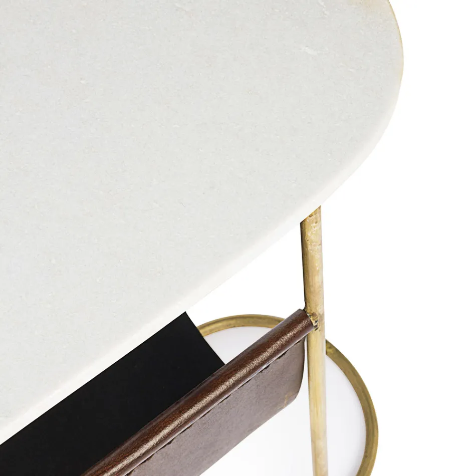 Mesa de centro en acero y mármol con revistero de cuero - Aretone Viadurini