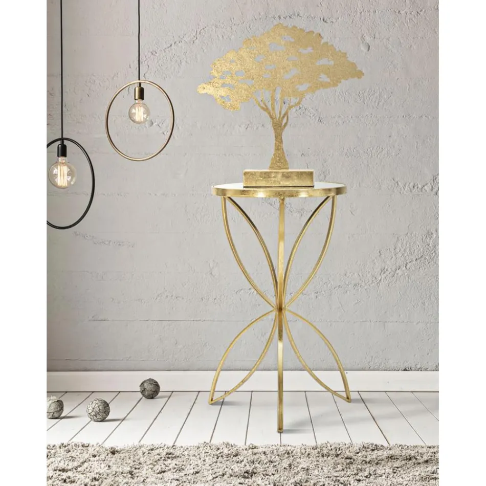 Mesa de centro de hierro dorado con tablero de espejo redondo - Umari Viadurini