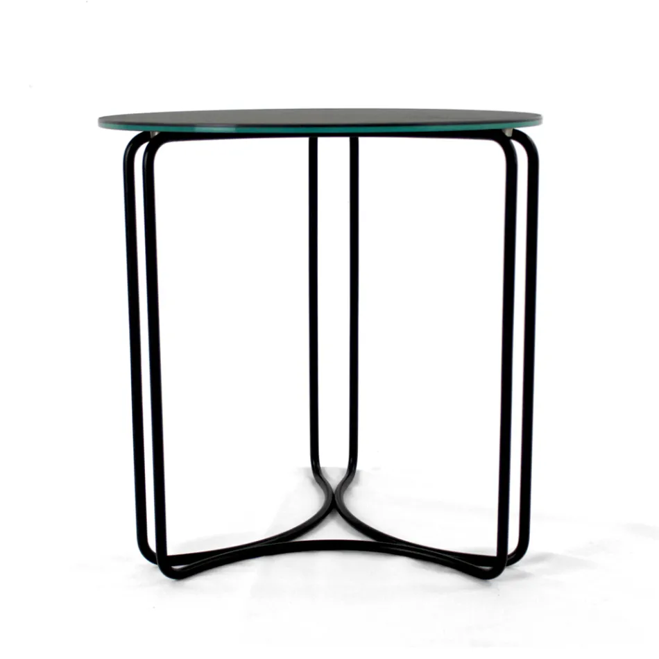 Mesa de centro de gres redonda y base de 3 medias lunas Made in Italy - Arepa Viadurini