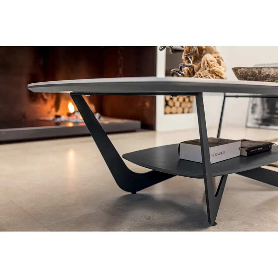 Mesa de centro de metal con tapa de cerámica con almacenamiento - Emirate Viadurini