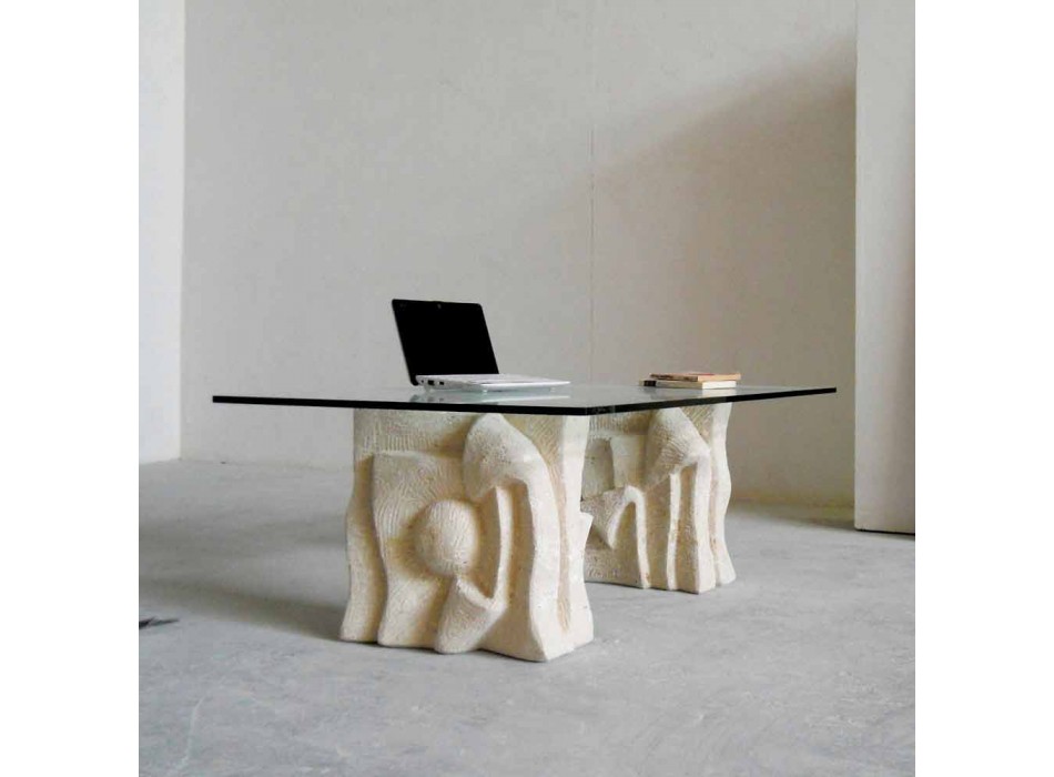 Mesa de centro con asientos de piedra y cristal diseño moderno Príamo-S Viadurini
