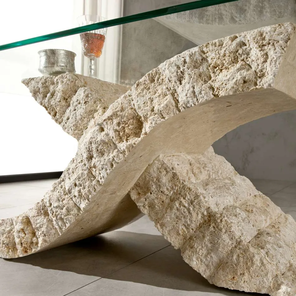 Mesa de centro de piedra fósil con tapa de cristal templado - Isabel Viadurini