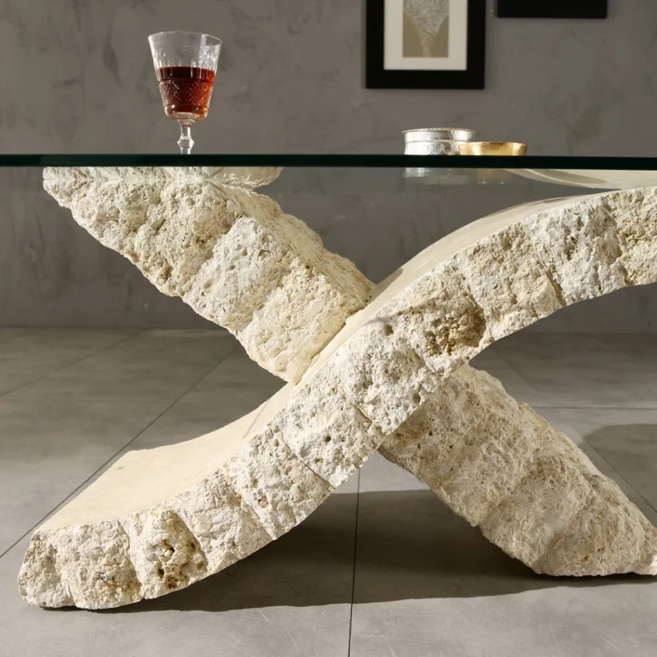 Mesa de centro de piedra fósil con tapa de cristal templado - Isabel Viadurini