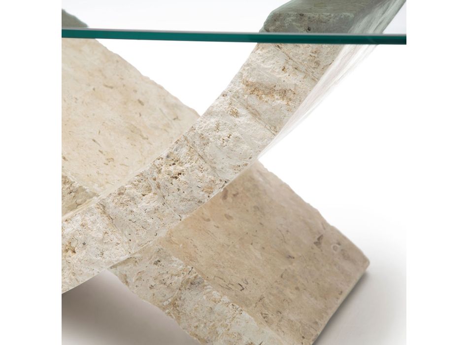 Mesa de centro de piedra fósil con tapa de cristal transparente - Kansas Viadurini