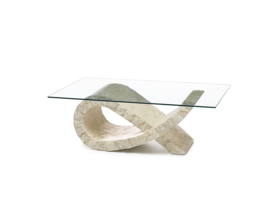 Mesa de centro de piedra fósil con tapa de cristal transparente - Kansas Viadurini