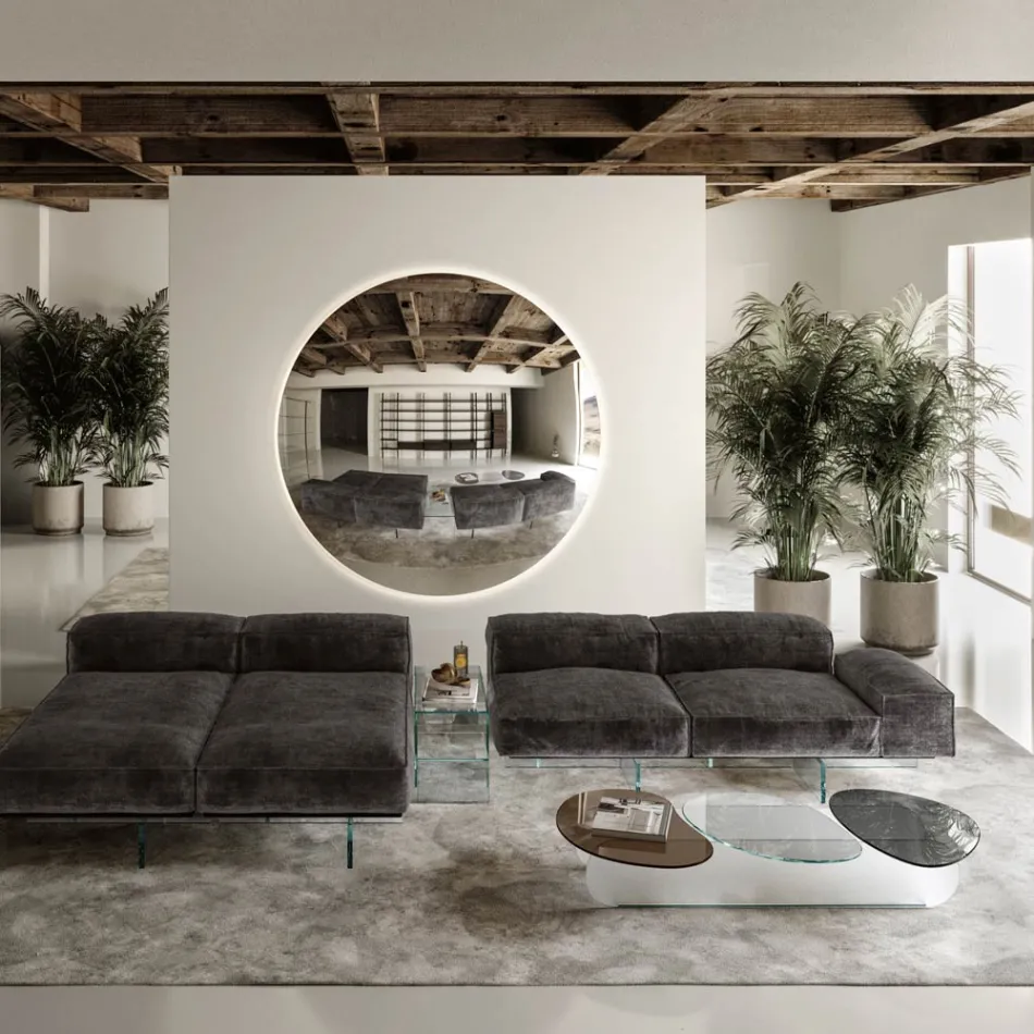 Mesa de centro de vidrio con 3 tableros con formas de colores - Dapy Viadurini