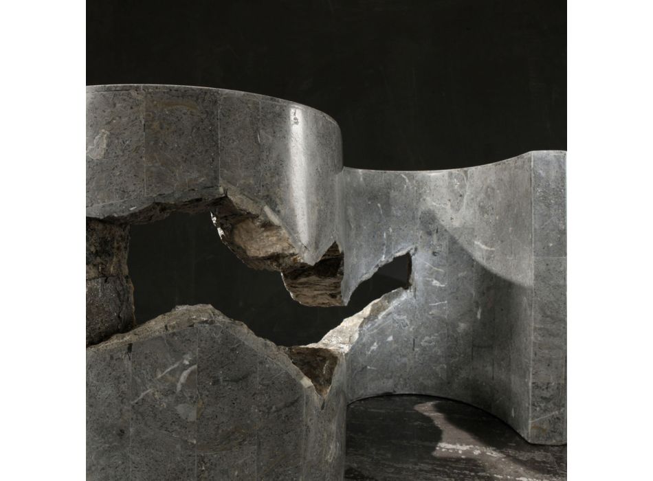 Mesa de centro de vidrio templado con base de piedra fósil - Jordan Viadurini