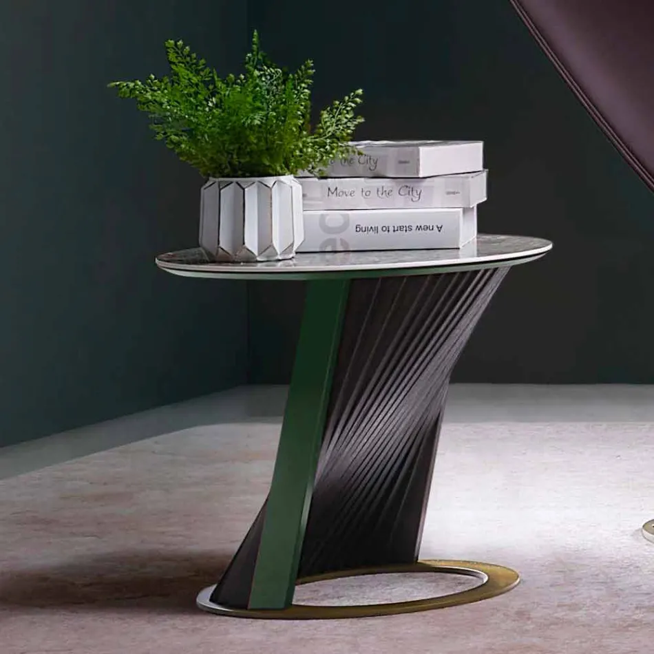 Mesa de centro redonda de diseño en gres y fresno Made in Italy - Bering Viadurini