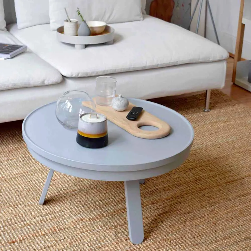 Mesa de centro redonda de diseño en madera maciza y metal - Salerno Viadurini