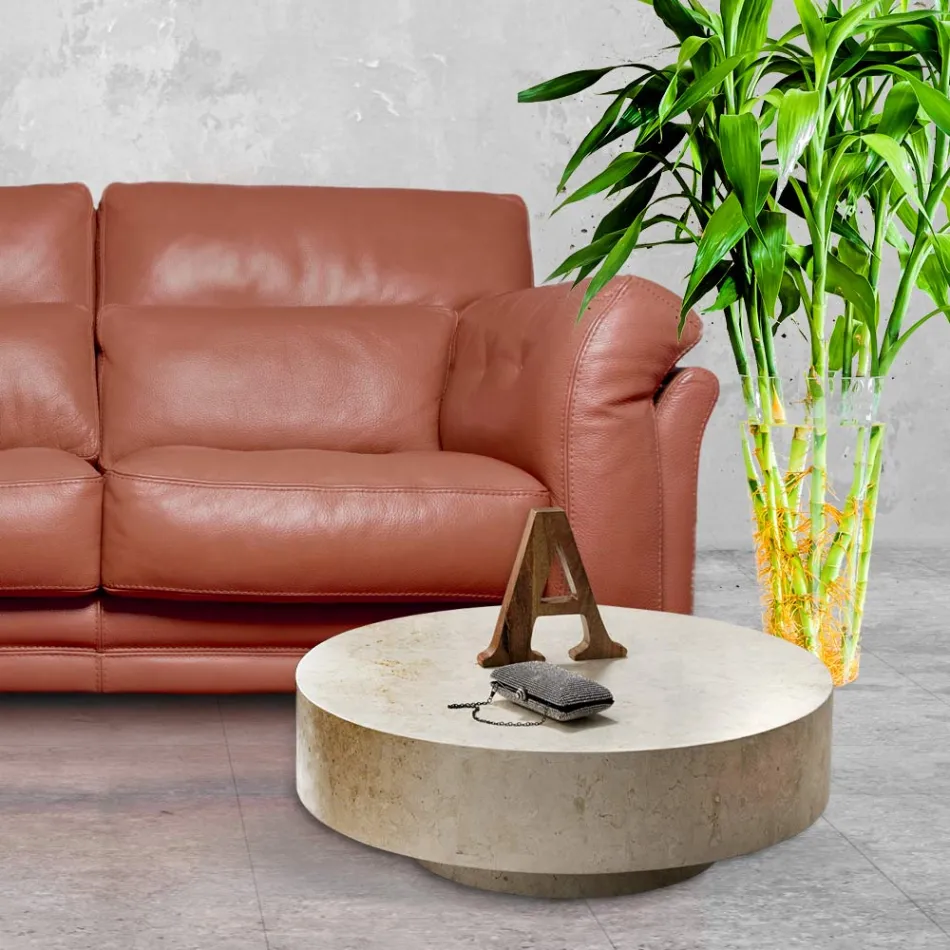 Mesa de centro redonda moderna en piedra fósil - Vermont Viadurini