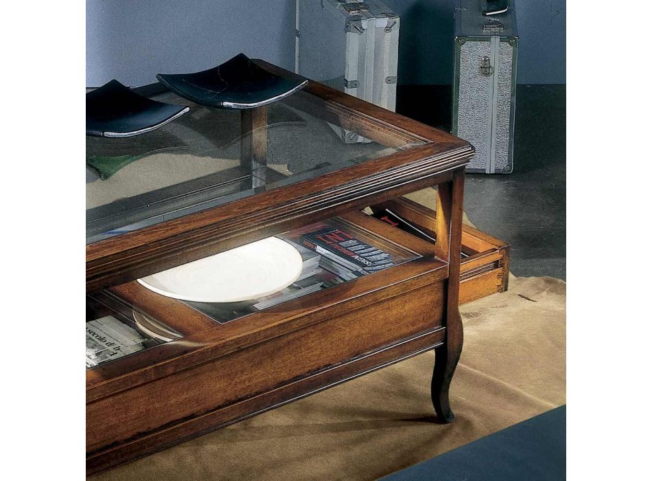 Mesita de salón con tapa de cristal y 2 cajones Made in Italy - Xipe Viadurini