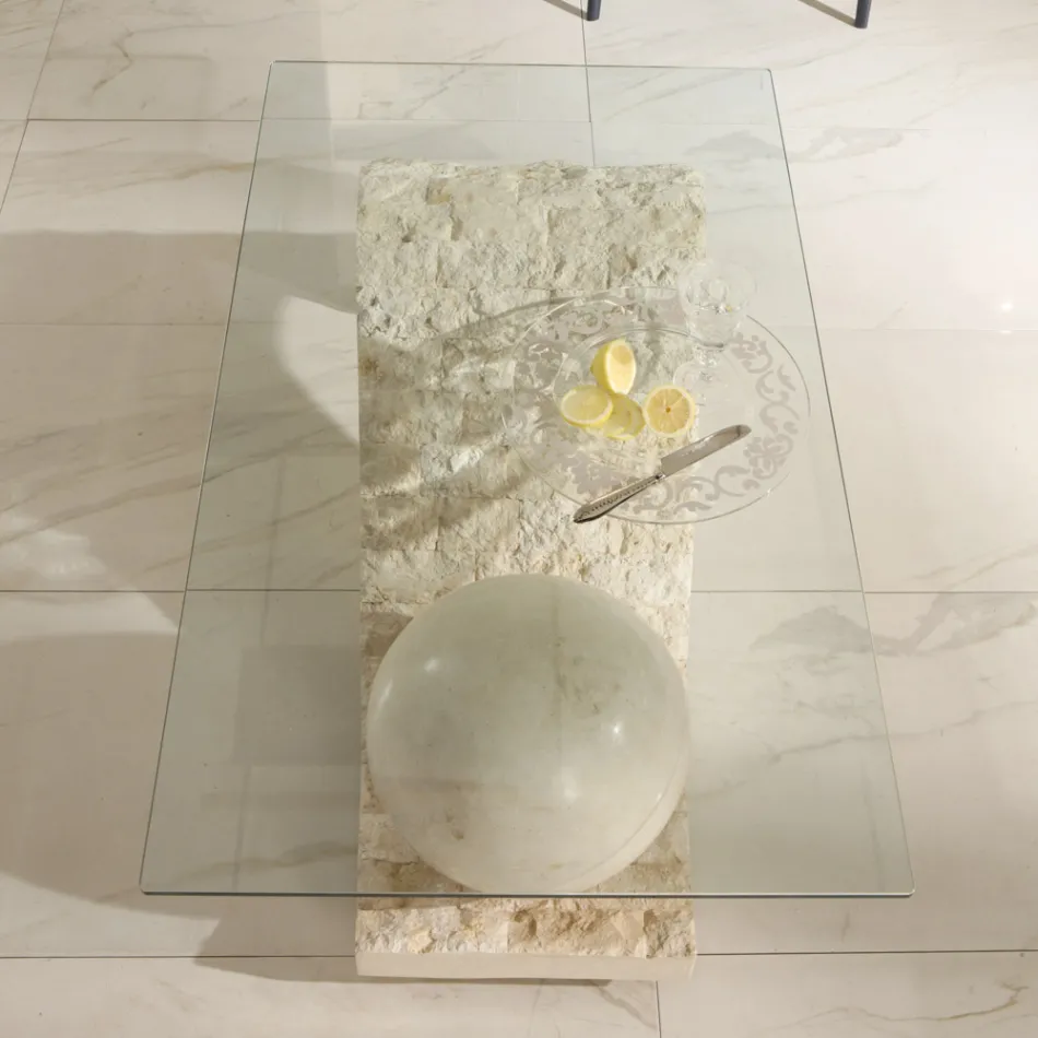 Mesa de centro para salón con tapa de cristal y base de piedra fósil - Esfera Viadurini