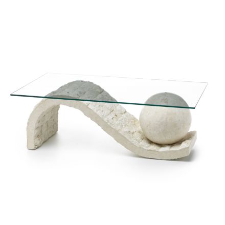 Mesa de centro para salón con tapa de cristal y base de piedra fósil - Esfera Viadurini