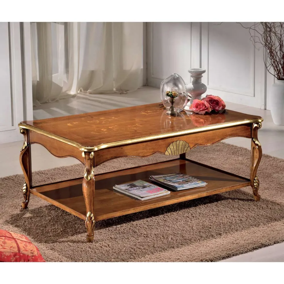 Mesa de centro de lujo con incrustaciones de oro y madera de nogal Made in Italy - Cambrige Viadurini