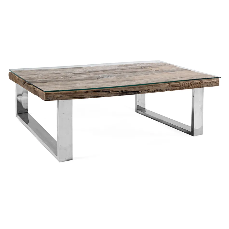 Mesa de centro en madera reciclada y patas de vidrio en acero Homemotion - Gnomea Viadurini
