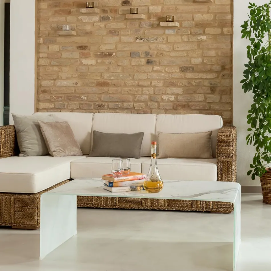 Mesa de centro de vidrio templado curvo de 10 mm con efecto mármol - Aiello Viadurini