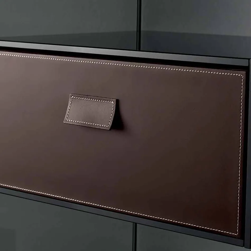 Mesa auxiliar o mesita de noche para sofá en vidrio ahumado con cajón de cuero - Linzy Viadurini