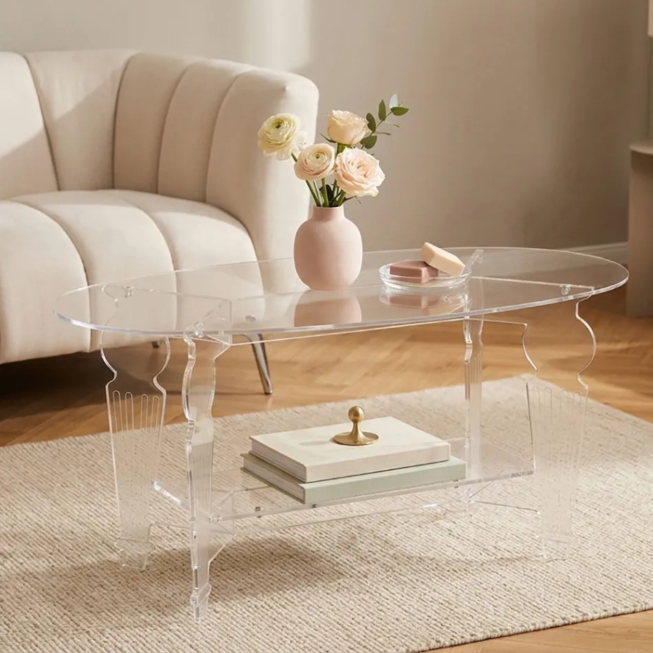 Ilaria - Mesa de centro ovalada de plexiglás transparente, fabricada en Italia. Viadurini