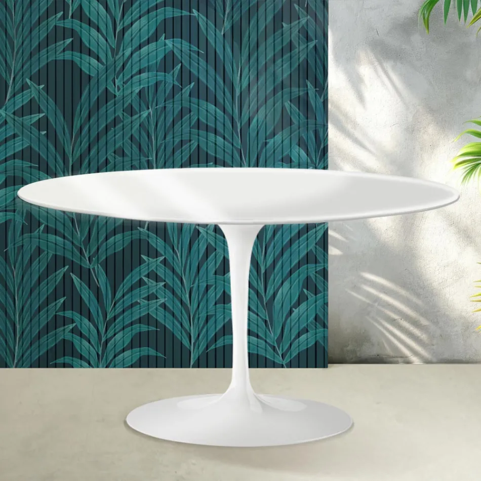 Mesa de centro ovalada Tulip de Saarinen, 41 cm de altura, en cerámica Florim blanca brillante - Scarlet Viadurini