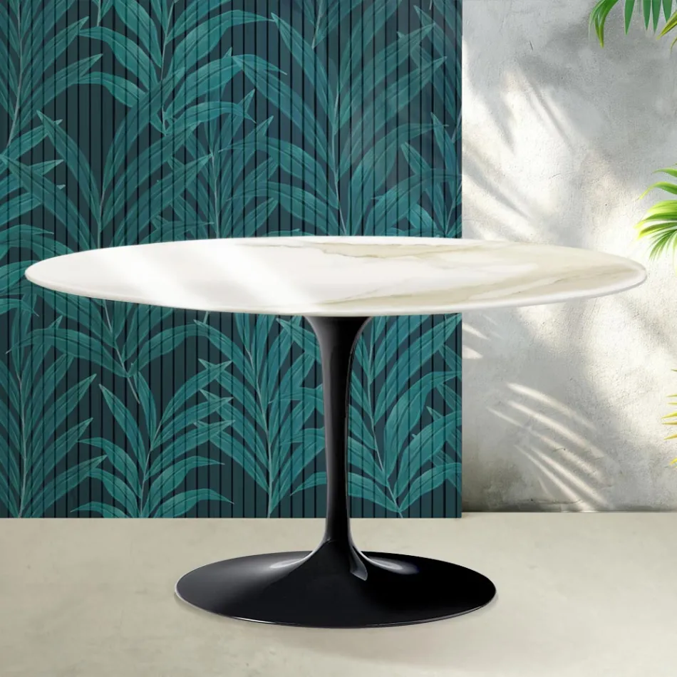 Mesa de centro ovalada Tulip de Saarinen, 41 cm de altura, en cerámica Florim Calacatta Gold brillante - Scarlet Viadurini
