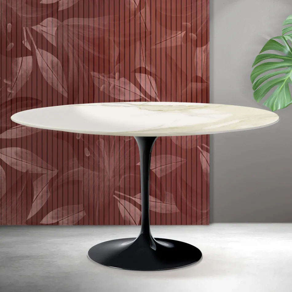 Mesa de centro ovalada Tulip de Saarinen, 41 cm de altura, en cerámica mate Florim Calacatta Gold - Scarlet Viadurini