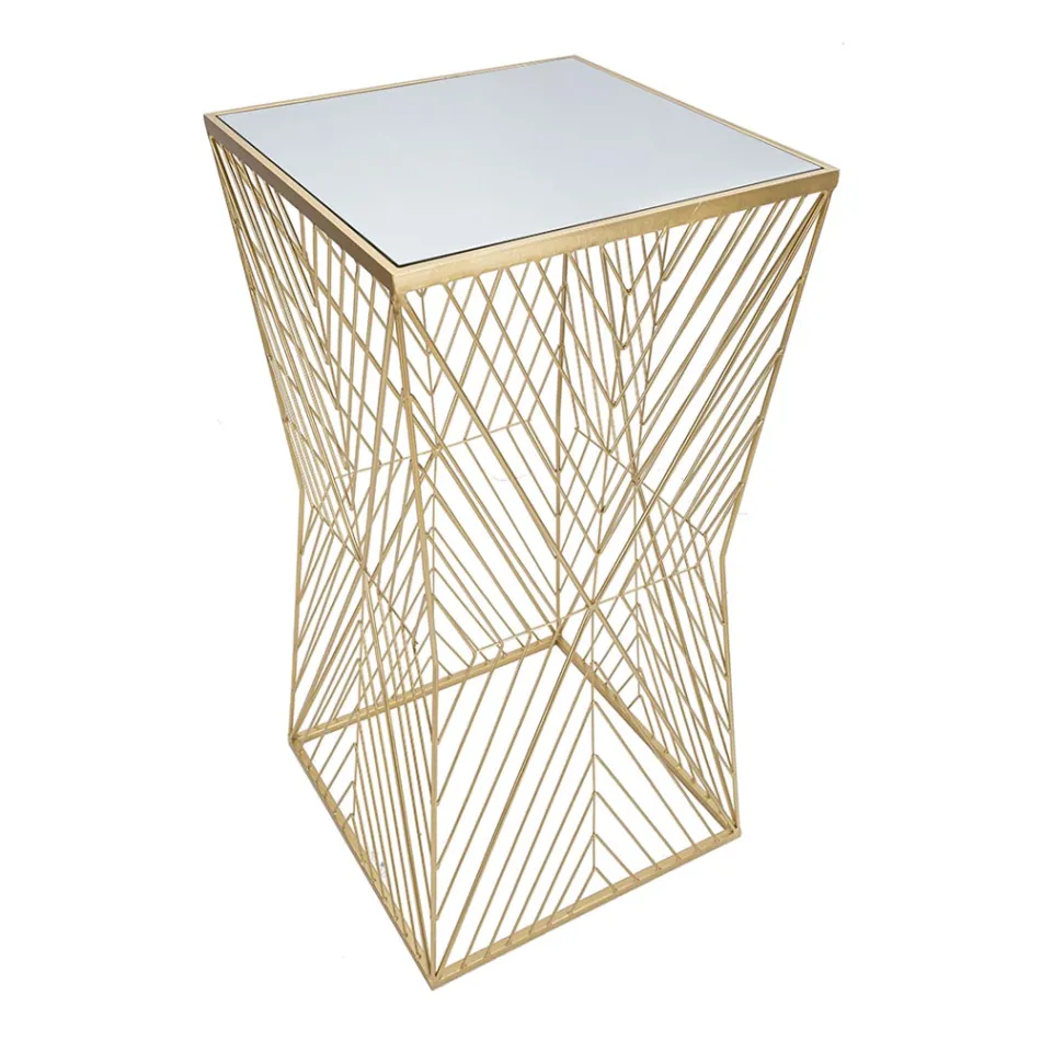 Mesa telefónica en hierro dorado y tapa de cristal espejo - Olivia Viadurini