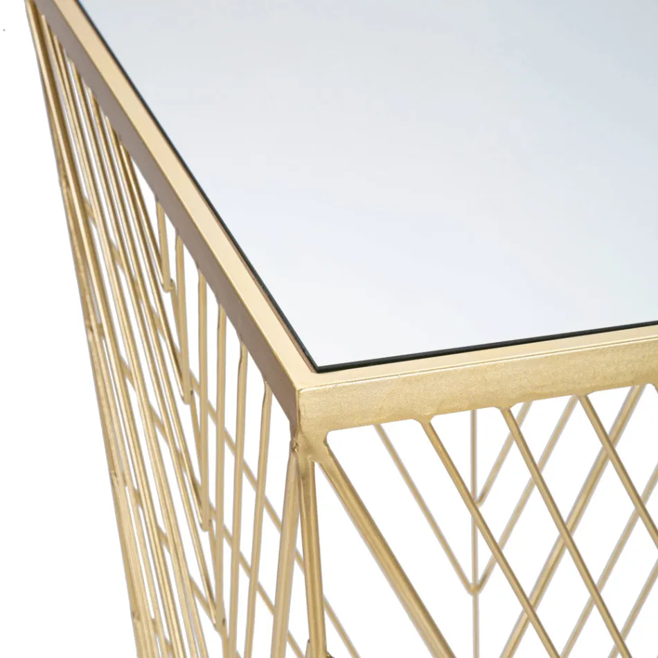 Mesa telefónica en hierro dorado y tapa de cristal espejo - Olivia Viadurini