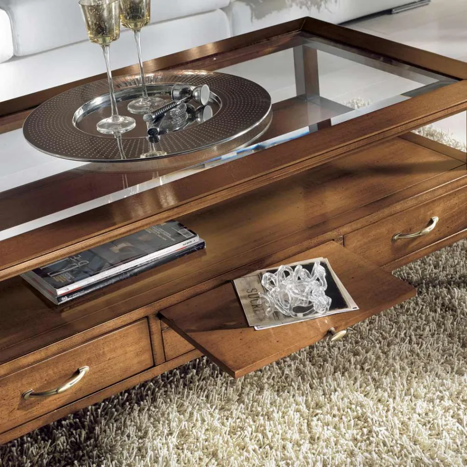 Mesa de centro rectangular con 4 cajones y 2 tiradores de madera Made in Italy - Ade Viadurini