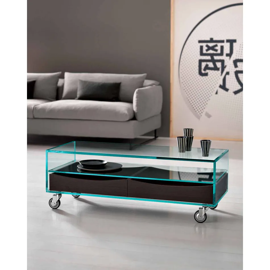 Mesita rectangular de vidrio extralight con cajones Made in Italy - Ganzo Viadurini