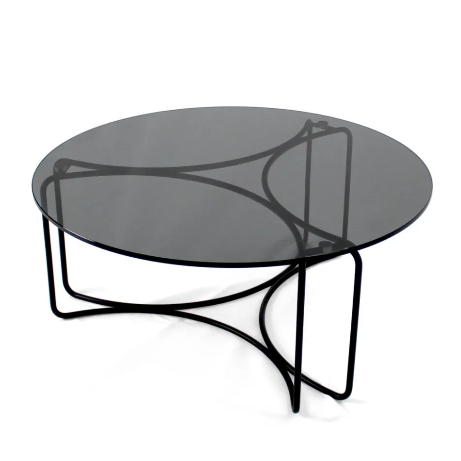 Mesa de centro redonda de vidrio con base de 3 medias lunas Made in Italy - Arepa Viadurini