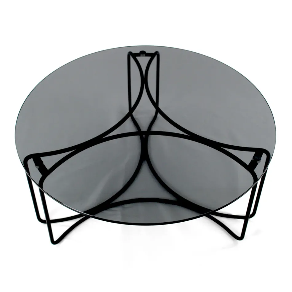 Mesa de centro redonda de vidrio con base de 3 medias lunas Made in Italy - Arepa Viadurini