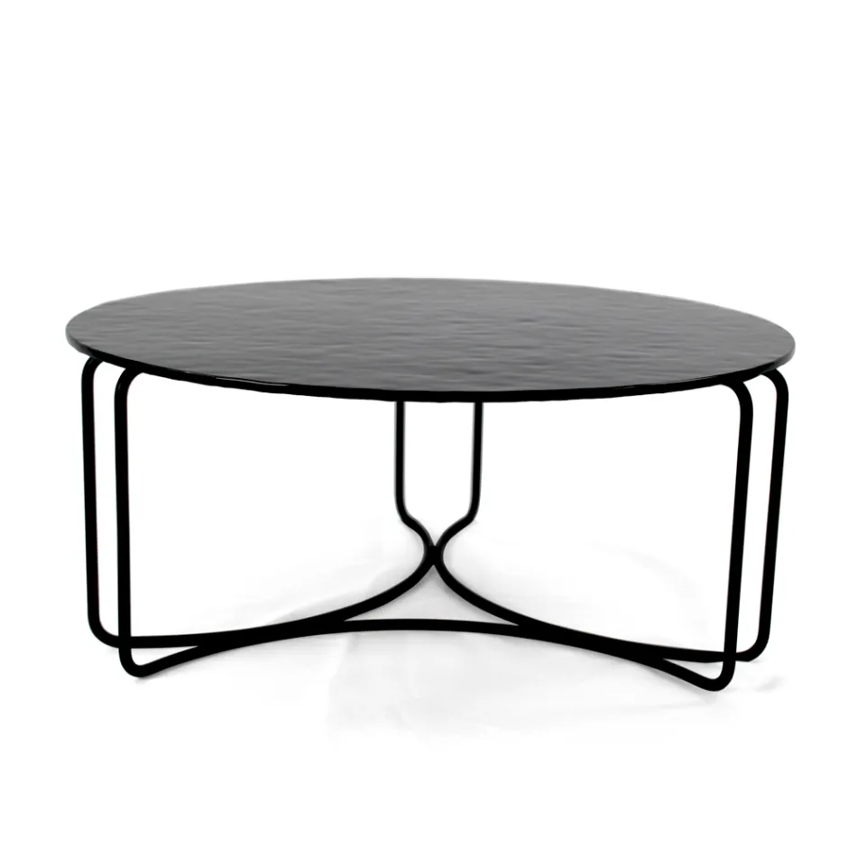 Mesa de centro redonda de vidrio con base de 3 medias lunas Made in Italy - Arepa Viadurini