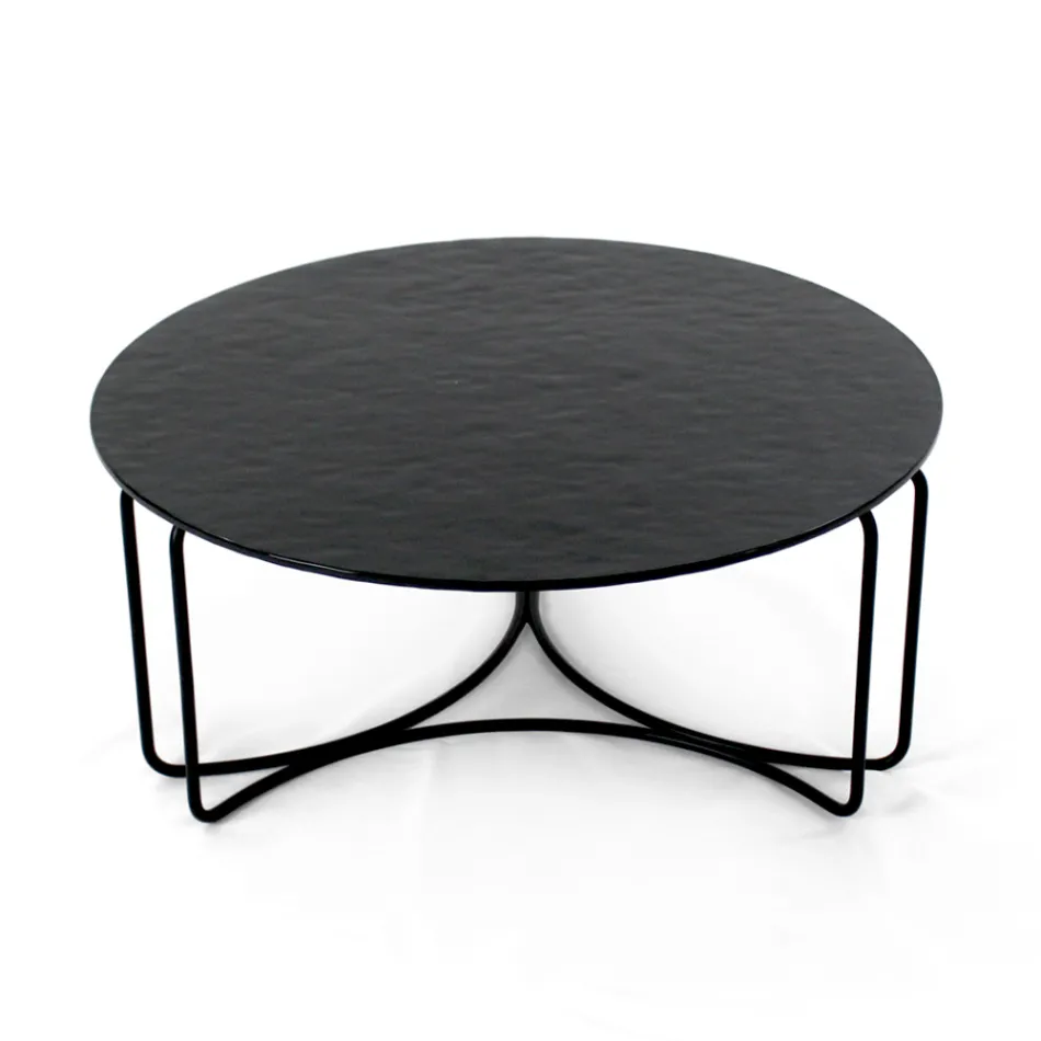 Mesa de centro redonda de vidrio con base de 3 medias lunas Made in Italy - Arepa Viadurini
