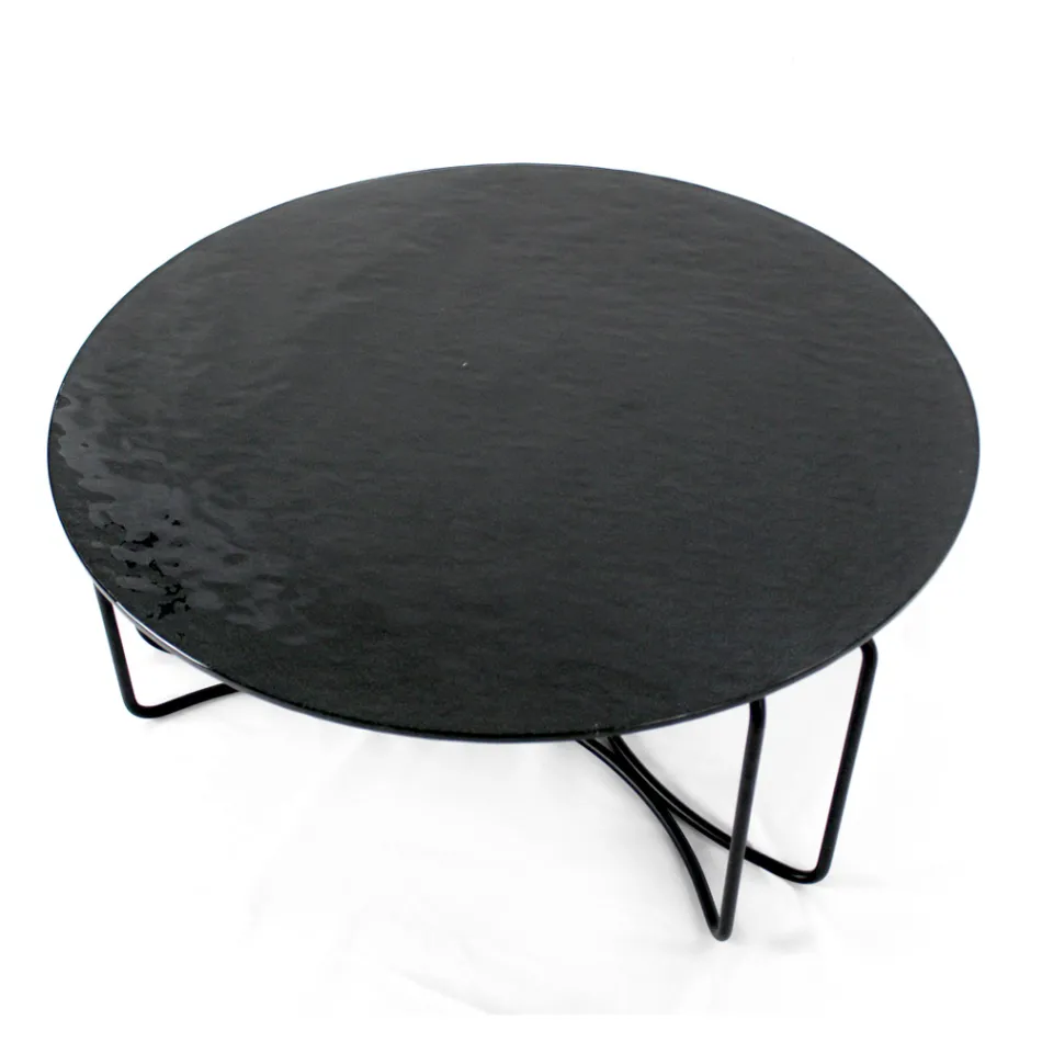 Mesa de centro redonda de vidrio con base de 3 medias lunas Made in Italy - Arepa Viadurini
