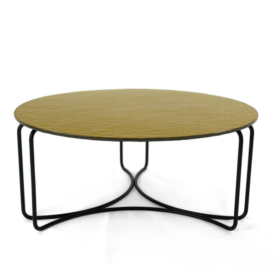 Mesa de centro redonda de vidrio con base de 3 medias lunas Made in Italy - Arepa Viadurini