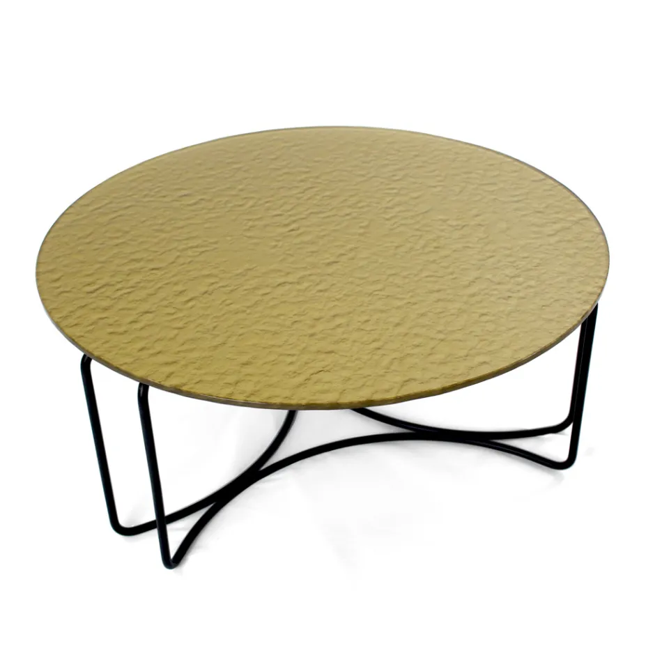 Mesa de centro redonda de vidrio con base de 3 medias lunas Made in Italy - Arepa Viadurini